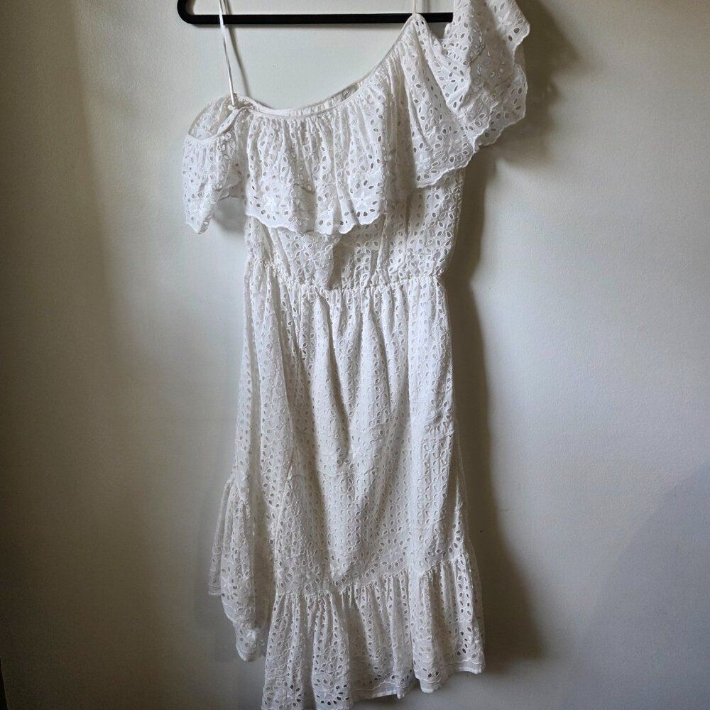 LIKE NEW JOIE WHITE BRODERIE ANGLAISE ONE SHOULDER RUFFLED DRESS SIZE M